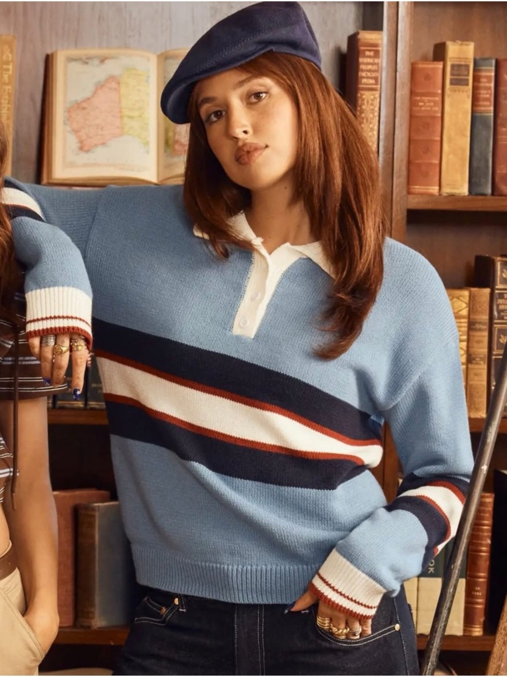 Cider KNIT COLLAR BLUE NAVY STRIPE BUTTON OVERSIZED TOP medium nwt